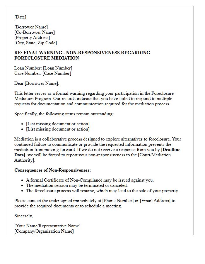 Foreclosure Mediation Program Non Responsiveness Warning Letter
