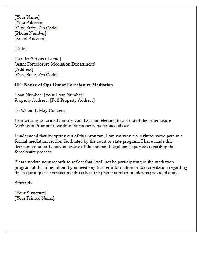 Foreclosure Mediation Program Opt Out Letter