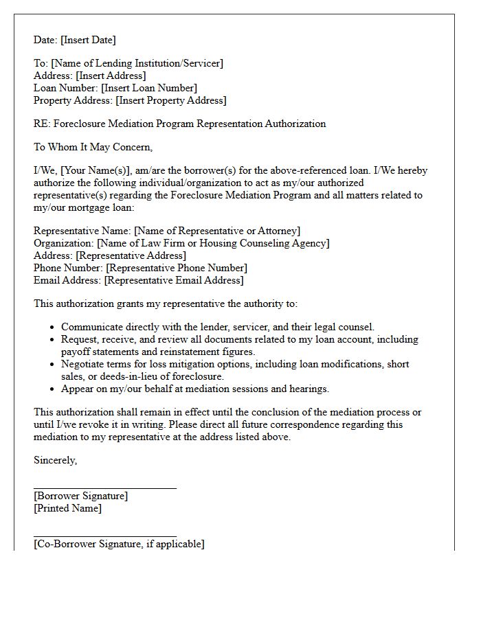 Foreclosure Mediation Program Representation Authorization Letter