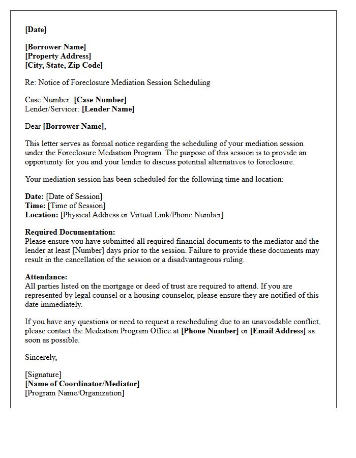 Foreclosure Mediation Program Session Scheduling Letter