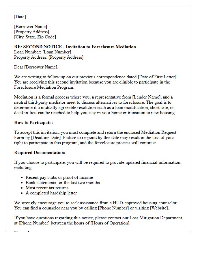 Second Foreclosure Mediation Program Invitation Letter