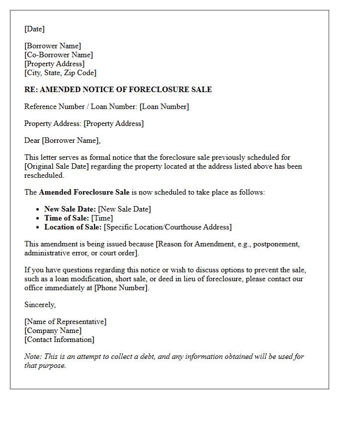 Amended Notice of Foreclosure Sale Date Letter
