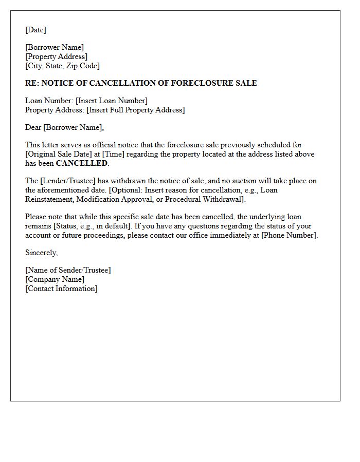 Cancelled Notice of Foreclosure Sale Date Letter