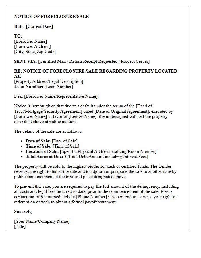 Commercial Notice of Foreclosure Sale Date Letter