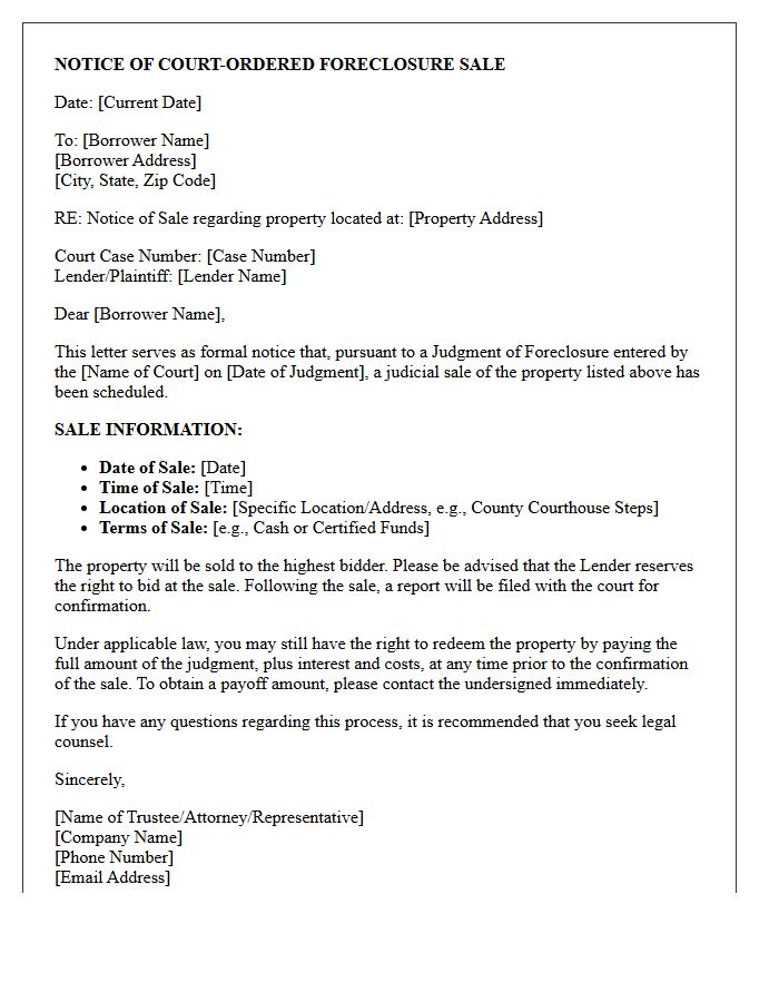 Court-Ordered Notice of Foreclosure Sale Date Letter
