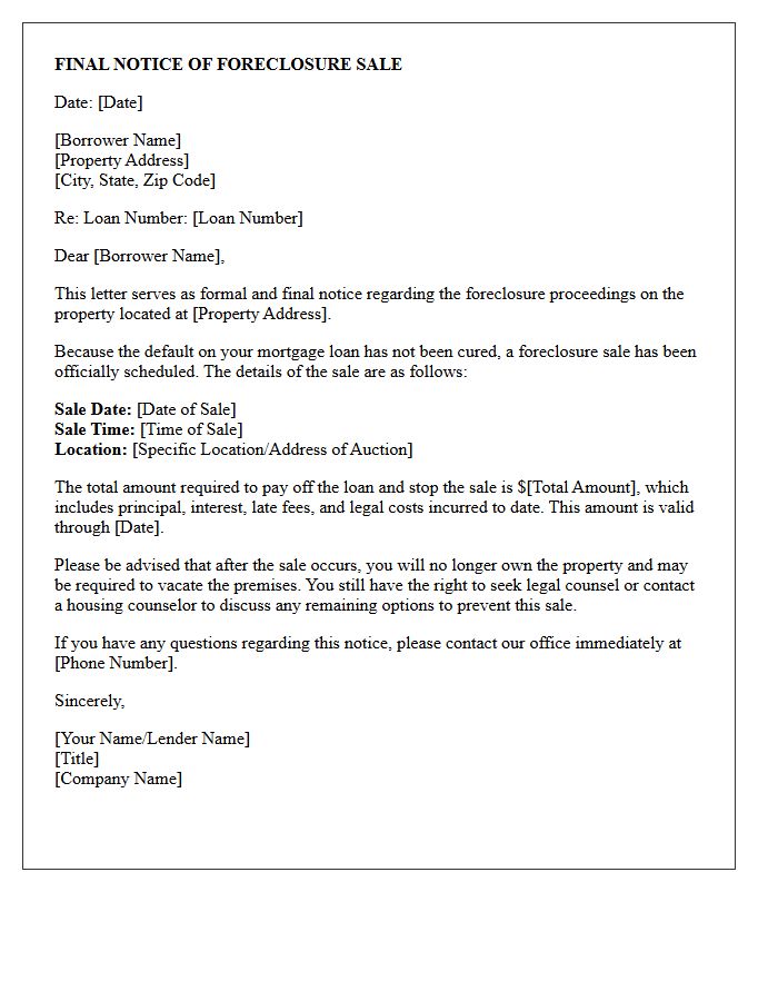 Final Notice of Foreclosure Sale Date Letter