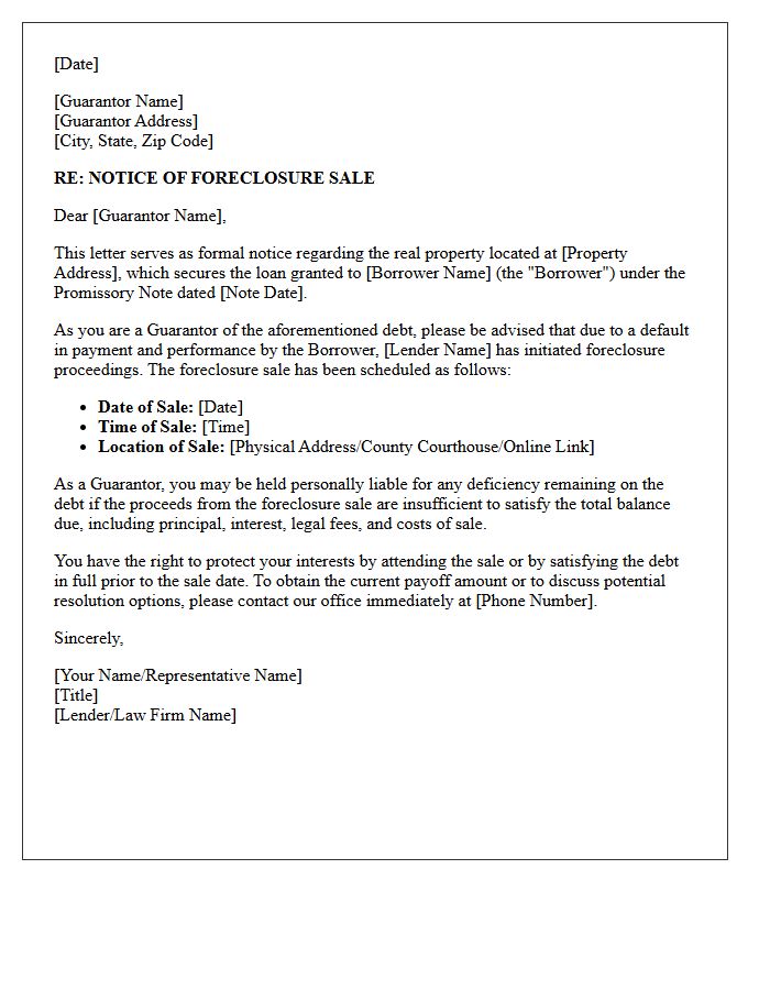 Guarantor Notice of Foreclosure Sale Date Letter