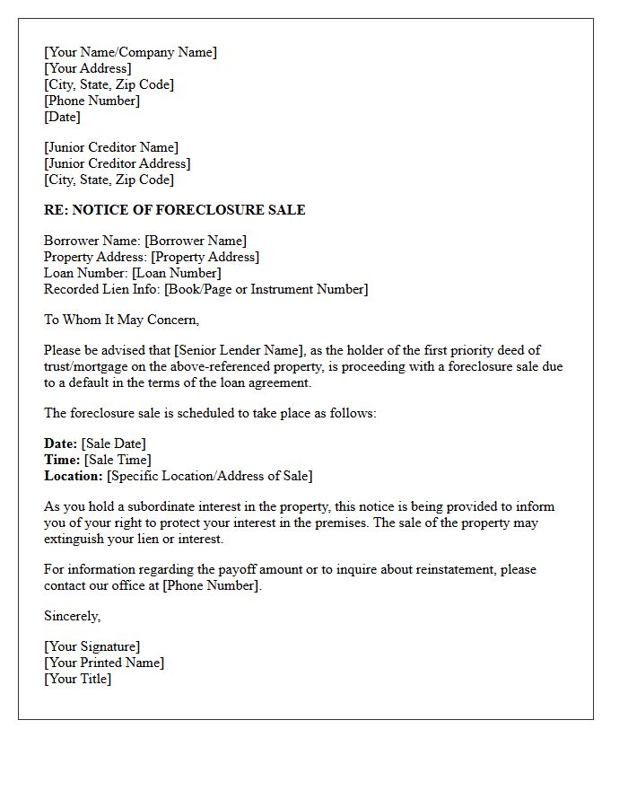 Junior Creditor Notice of Foreclosure Sale Date Letter