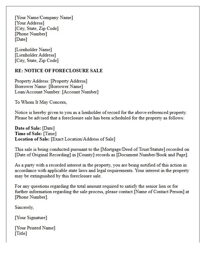Lienholder Notice of Foreclosure Sale Date Letter