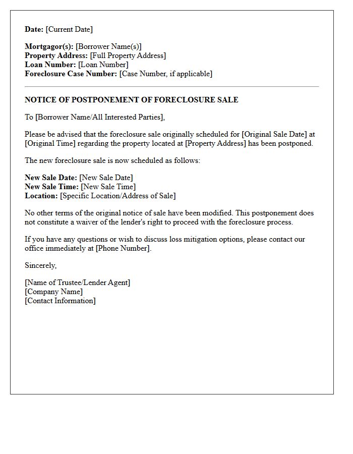Postponed Notice of Foreclosure Sale Date Letter