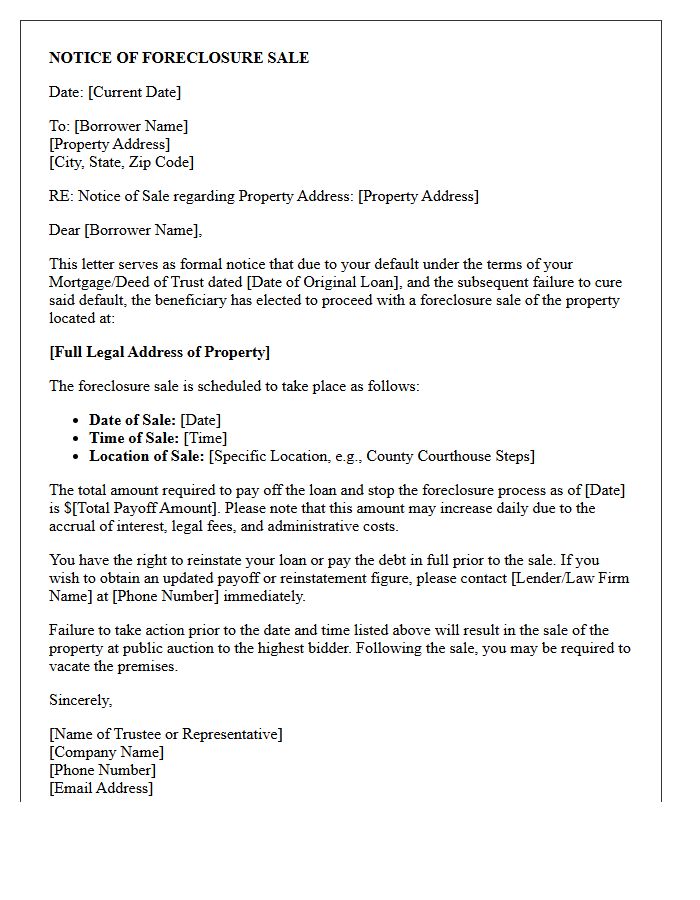 Residential Notice of Foreclosure Sale Date Letter