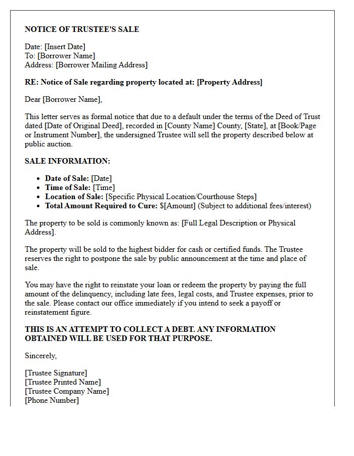 Trustee Notice of Foreclosure Sale Date Letter