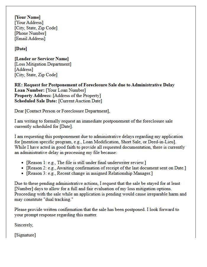 Administrative Delay Foreclosure Sale Postponement Letter