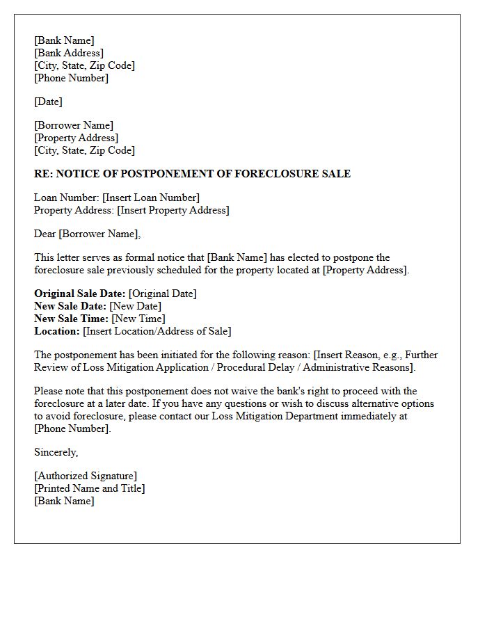 Bank Initiated Foreclosure Sale Postponement Letter