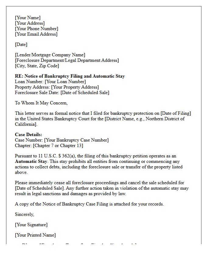 Bankruptcy Automatic Stay Foreclosure Postponement Letter
