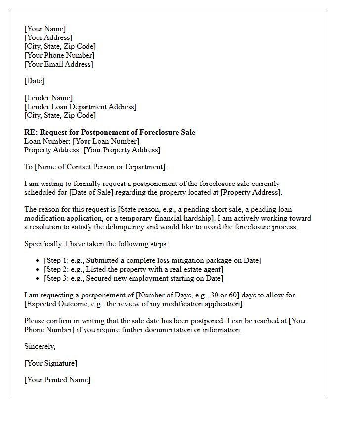 Borrower Requested Foreclosure Postponement Letter