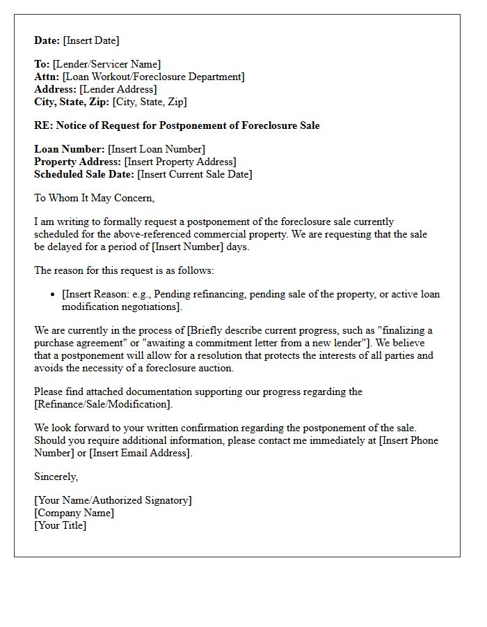 Commercial Real Estate Foreclosure Sale Postponement Letter