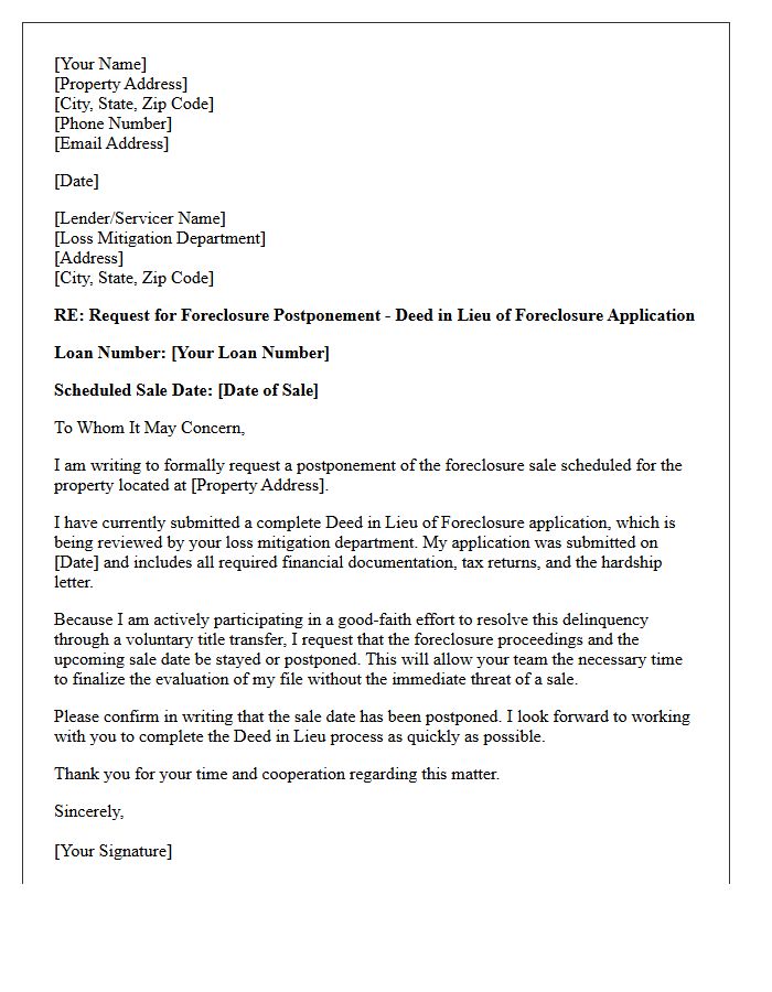 Deed in Lieu Processing Foreclosure Postponement Letter