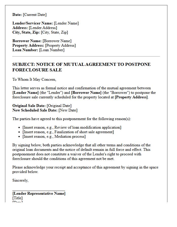Mutual Agreement Foreclosure Postponement Notice Letter