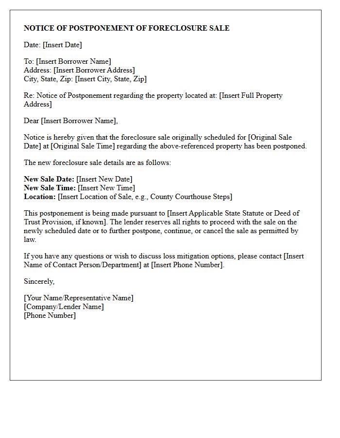 Notice of Postponement of Foreclosure Sale Letter for Residential Property