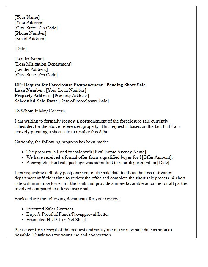 Short Sale Pending Foreclosure Postponement Letter