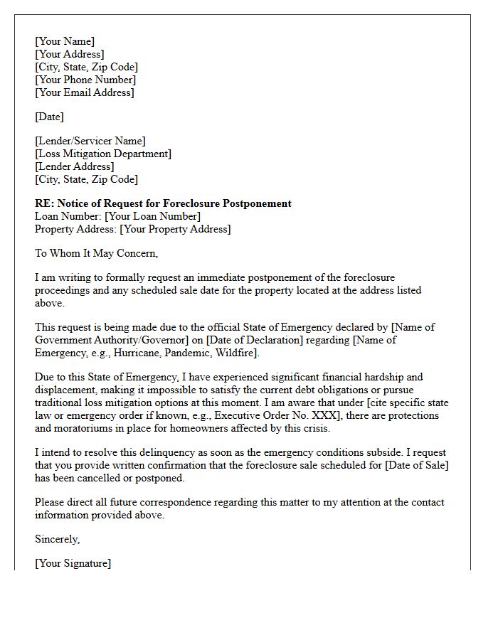 State of Emergency Foreclosure Postponement Letter