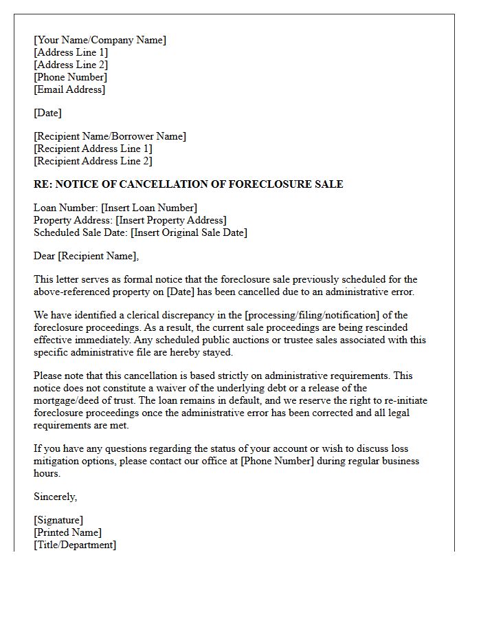 Administrative Error Foreclosure Sale Cancellation Notice Letter