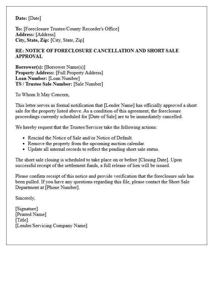 Approved Short Sale Foreclosure Cancellation Notice Letter