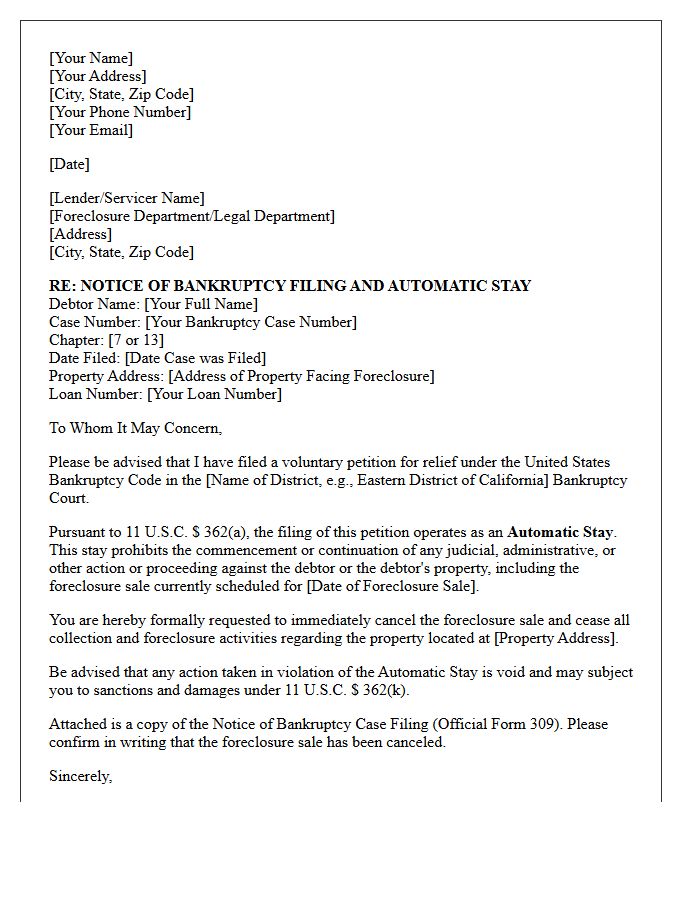 Bankruptcy Automatic Stay Foreclosure Sale Cancellation Letter
