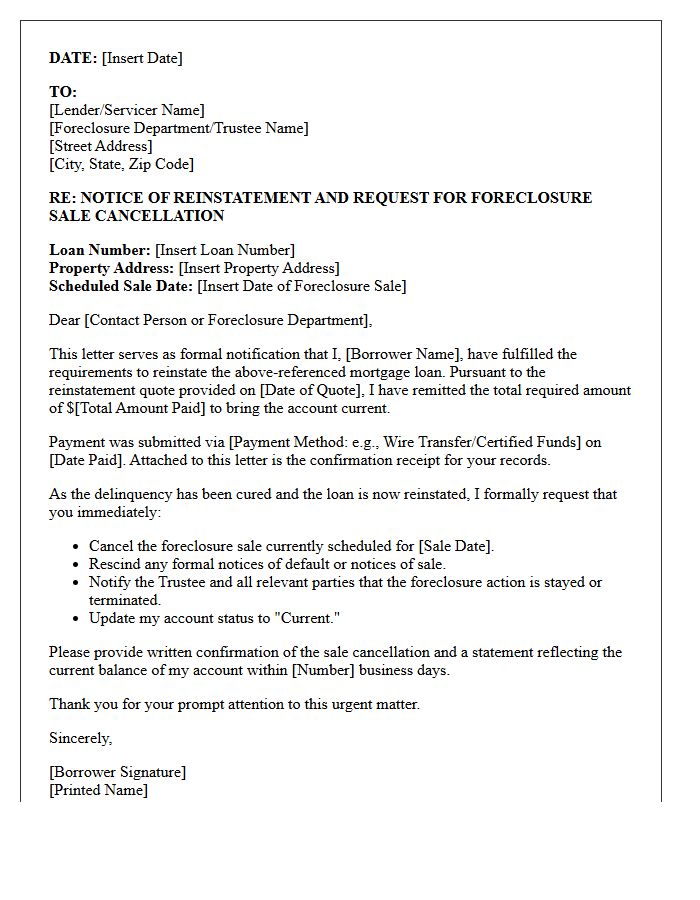 Borrower Reinstatement Foreclosure Sale Cancellation Notice Letter