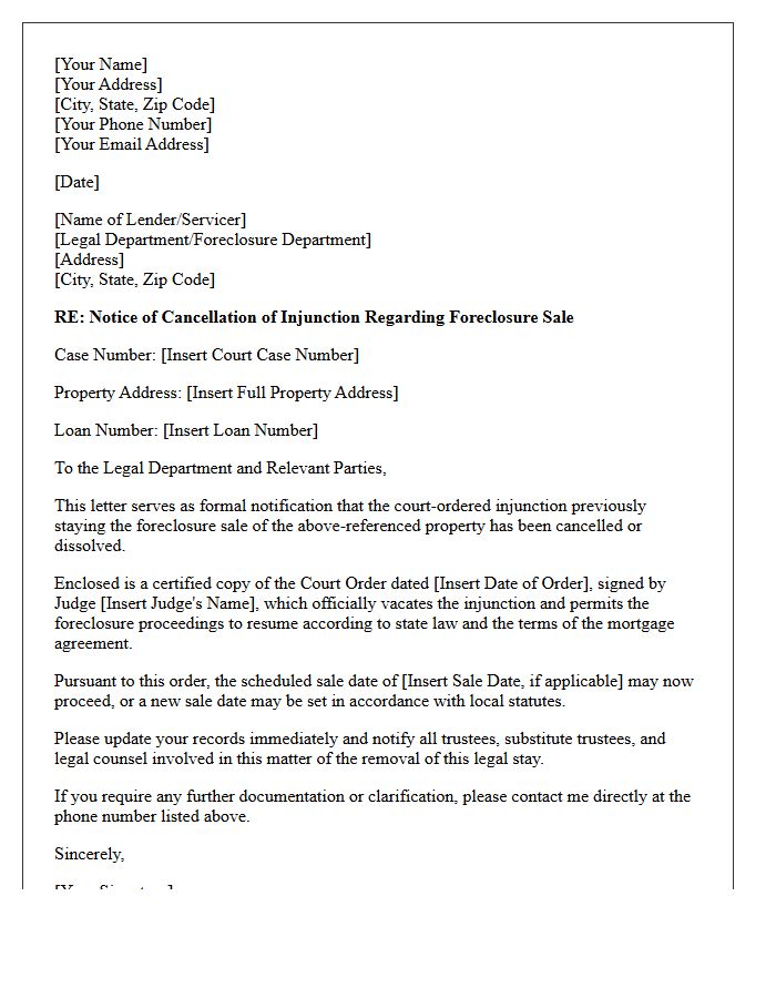 Court Ordered Foreclosure Sale Injunction Cancellation Letter