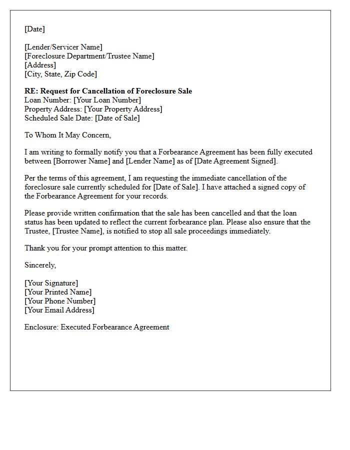 Forbearance Agreement Execution Foreclosure Sale Cancellation Letter