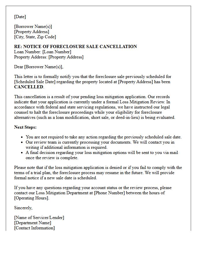 Loss Mitigation Review Foreclosure Sale Cancellation Notice Letter