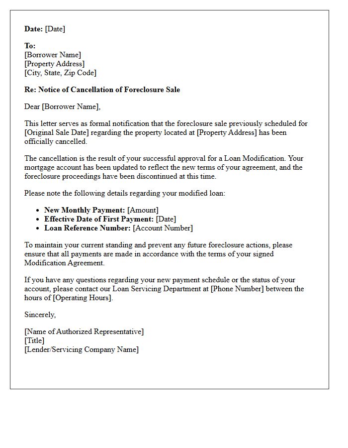 Notice of Cancellation of Foreclosure Sale Due to Loan Modification Approval Letter