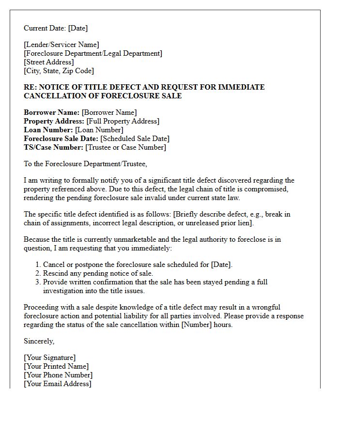 Title Defect Discovery Foreclosure Sale Cancellation Letter