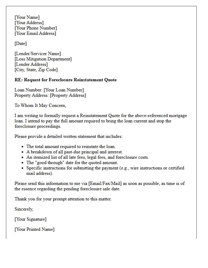 Borrower Requested Foreclosure Reinstatement Quote Letter