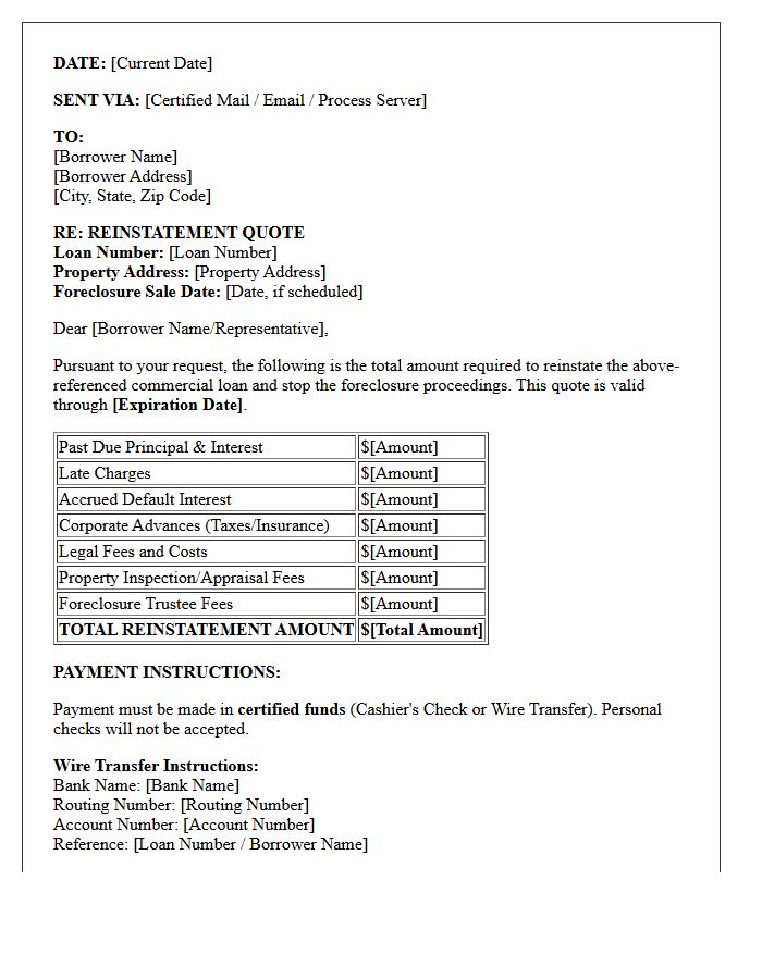 Commercial Foreclosure Reinstatement Quote Letter