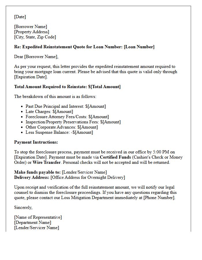 Expedited Foreclosure Reinstatement Quote Letter
