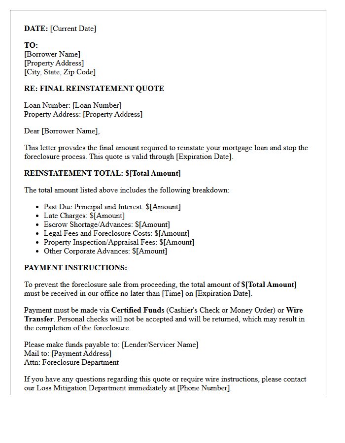 Final Foreclosure Reinstatement Quote Letter