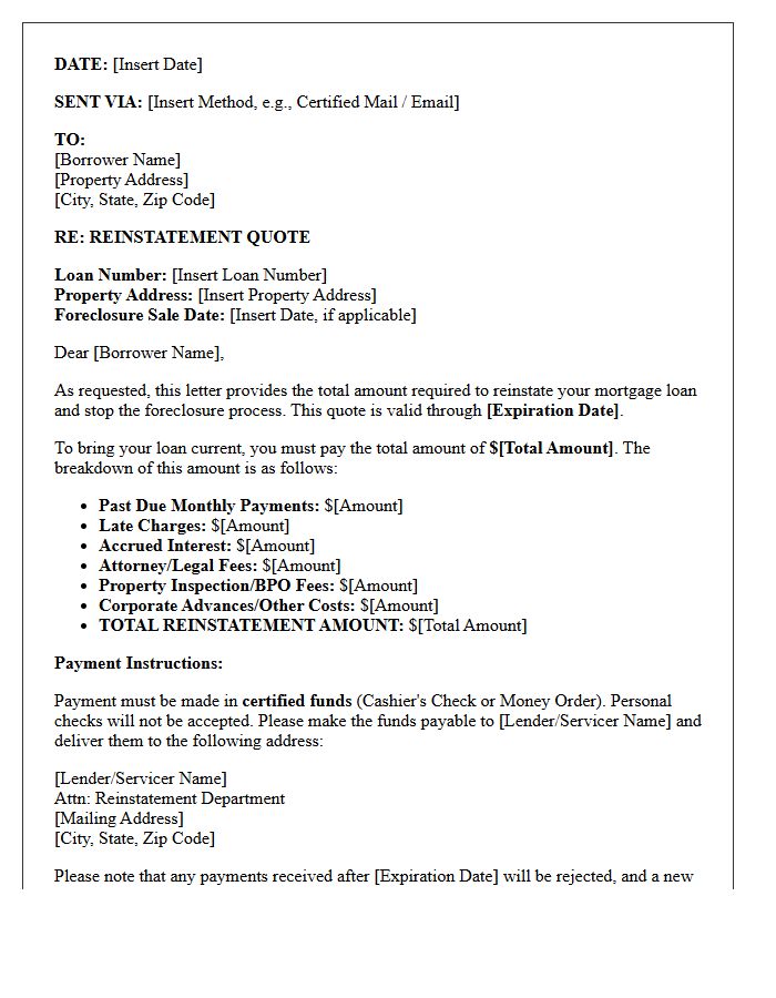 Post-Default Foreclosure Reinstatement Quote Letter