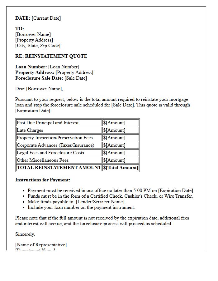 Pre-Sale Foreclosure Reinstatement Quote Letter