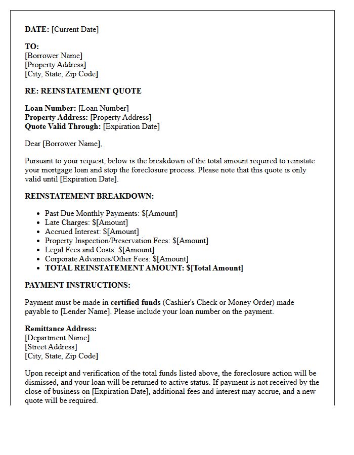 Residential Foreclosure Reinstatement Quote Letter