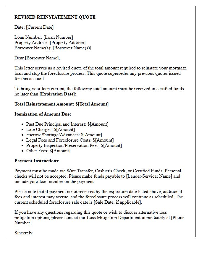 Revised Foreclosure Reinstatement Quote Letter