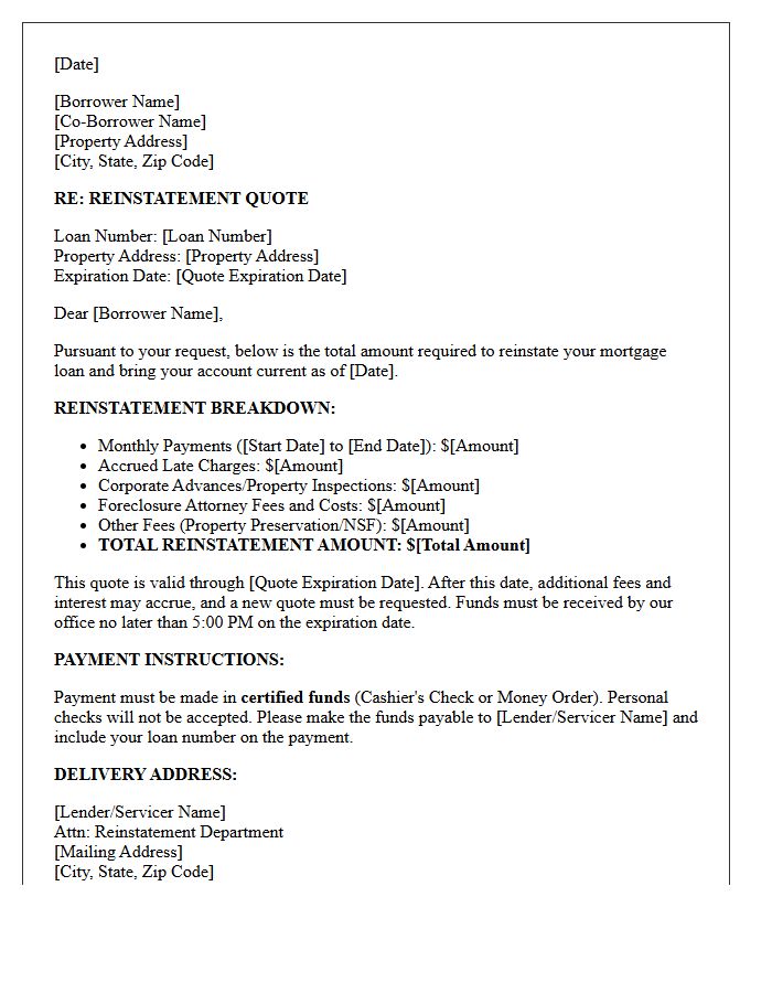 Standard Foreclosure Reinstatement Quote Letter
