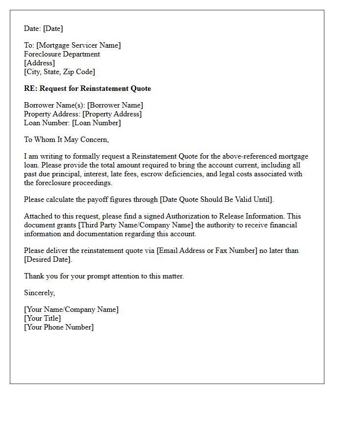 Third-Party Authorized Foreclosure Reinstatement Quote Letter