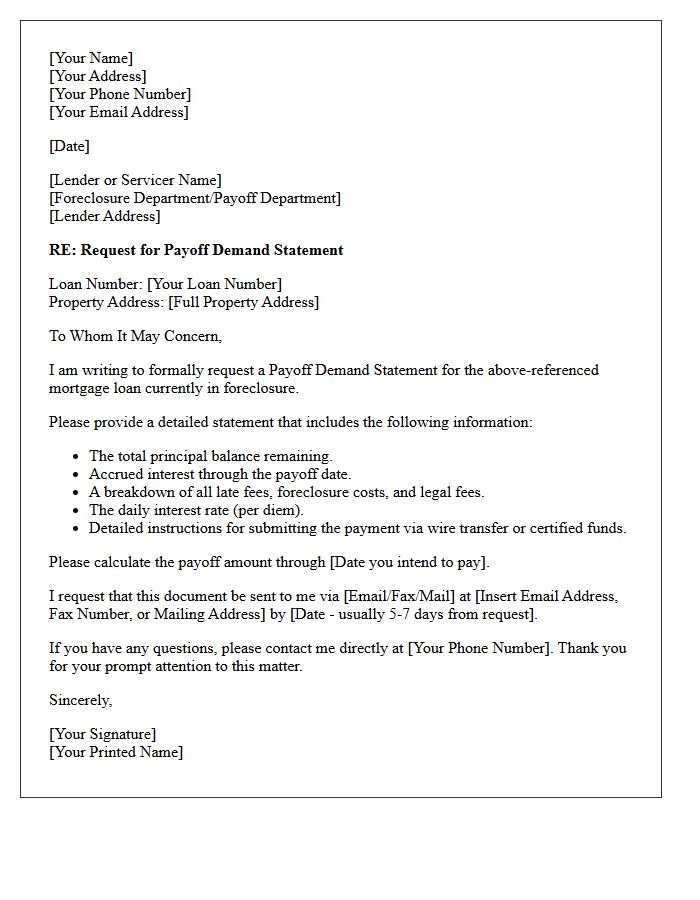 Borrower Request for Foreclosure Payoff Demand Letter