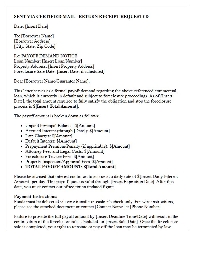 Commercial Loan Foreclosure Payoff Demand Letter