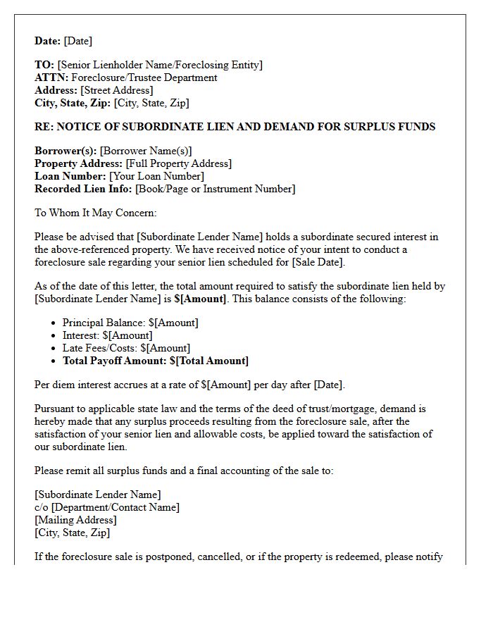 Subordinate Lienholder Foreclosure Payoff Demand Letter