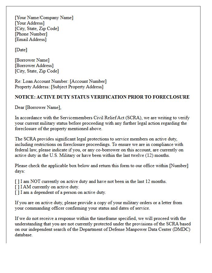 Active Duty Status Verification Foreclosure Letter