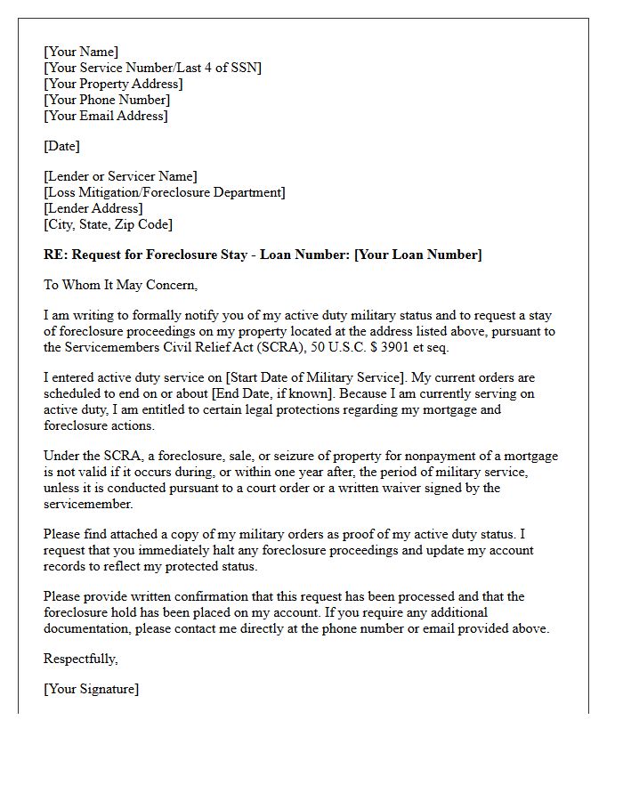 Military Service Foreclosure Hold Request Letter